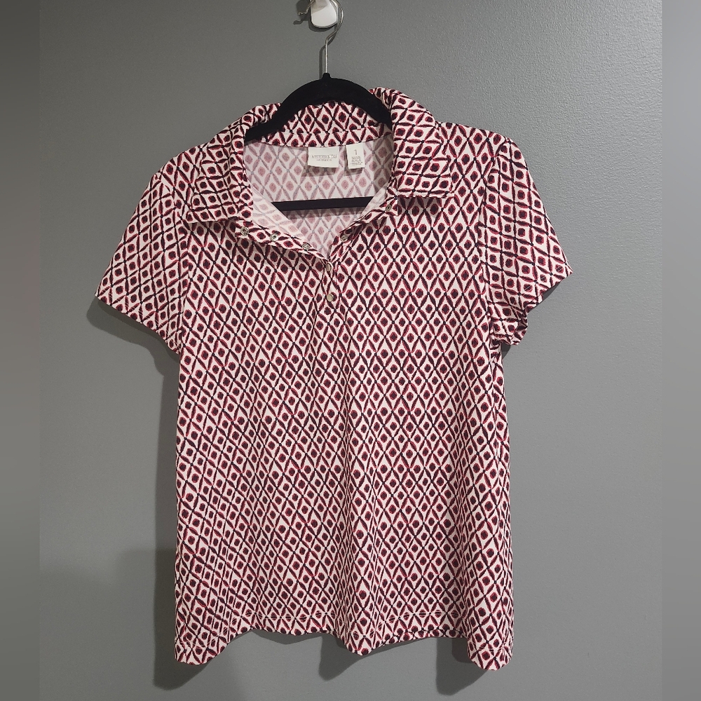 Weekends By Chicos Stylish Geometric Red and White Blouse Size 1